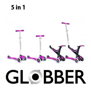 Globber Free Kids 5 in 1 Scooter mit 3 R&auml;dern pink-grau