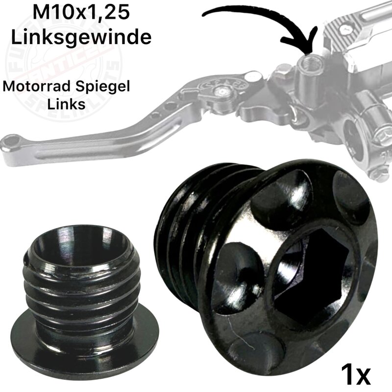F26 TITAN Motorrad Spiegel Stopfen Links Gewinde M10 x 1.25 Schwarz