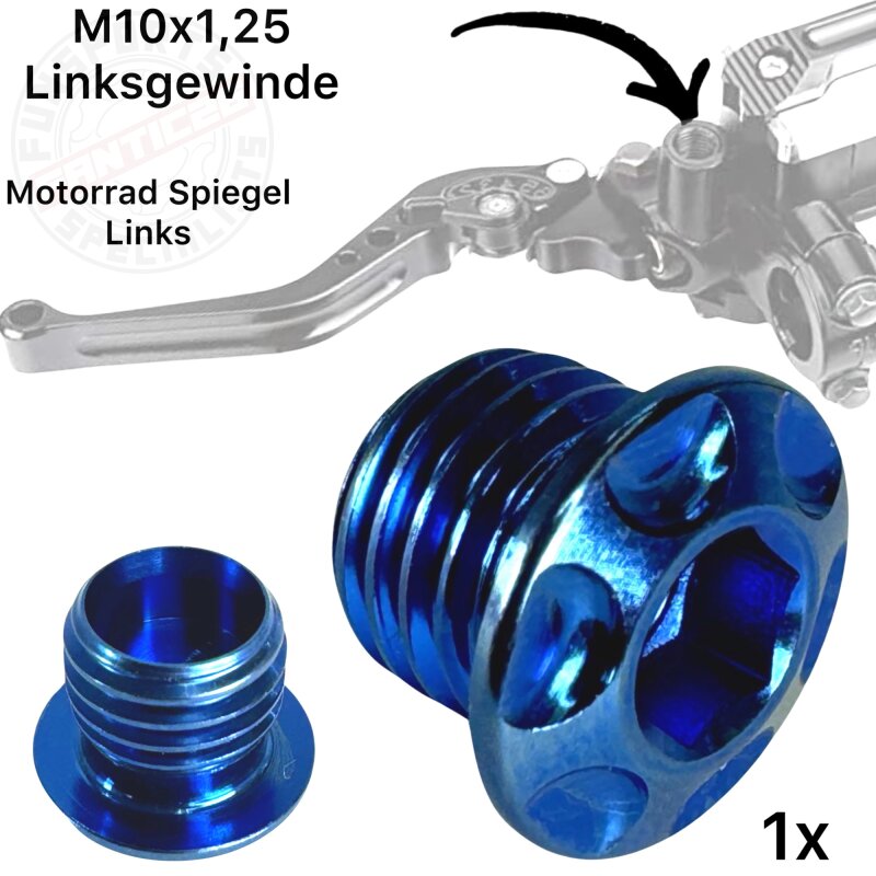 F26 TITAN Motorrad Spiegel Stopfen Links Gewinde M10 x 1.25 Blau
