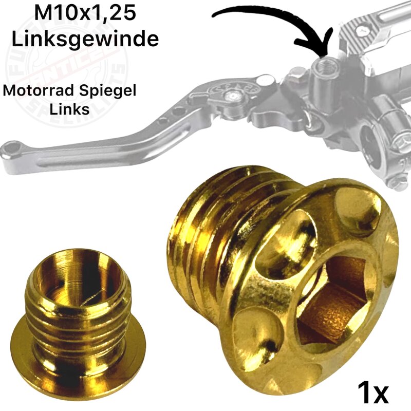 F26 TITAN Motorrad Spiegel Stopfen Links Gewinde M10 x 1.25 Gold