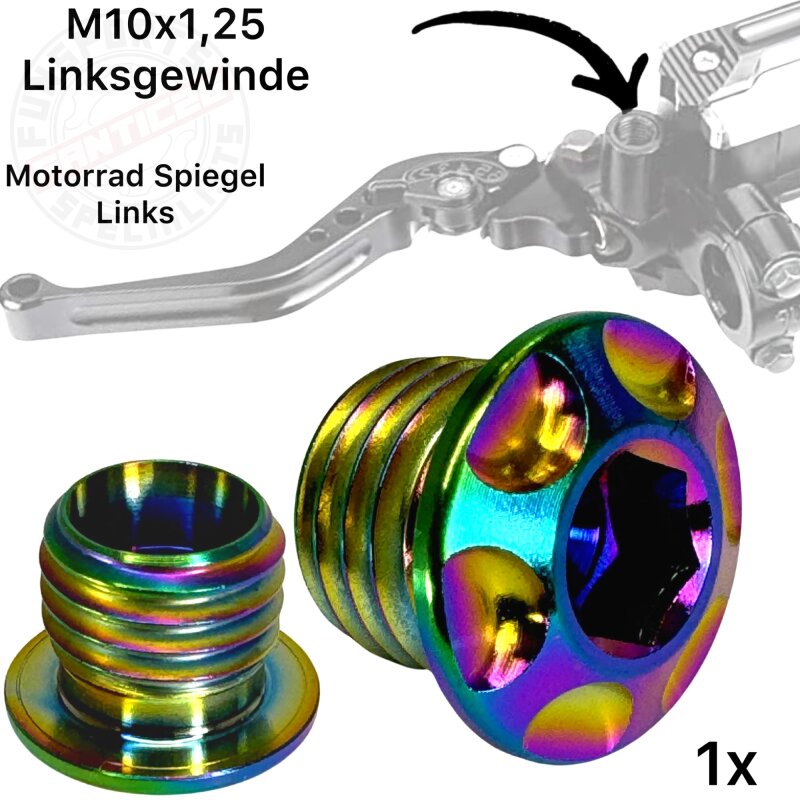 F26 TITAN Motorrad Spiegel Stopfen Links Gewinde M10 x1.25 Rainbow
