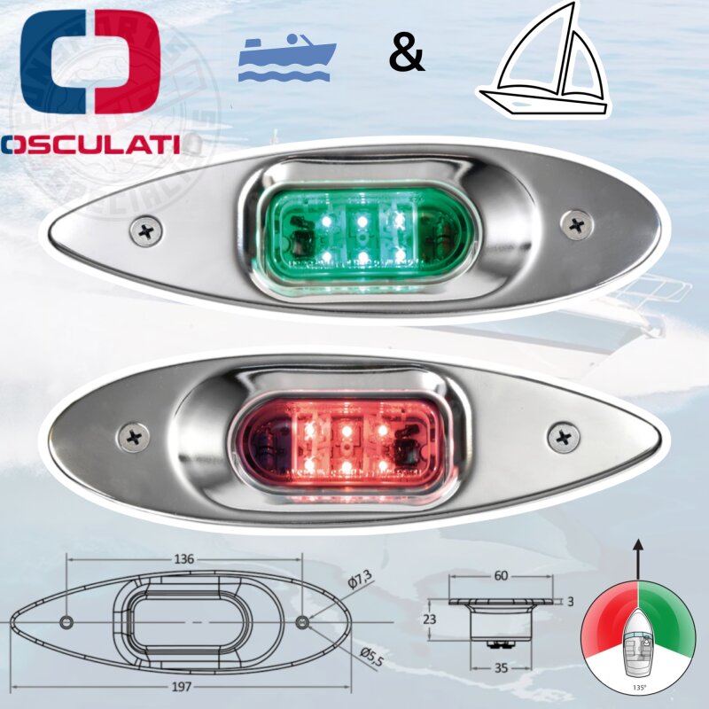Osculati Marine Boot VA Edelstahl Evoled Eye Einbau Navigationslicht Positionslicht 112,5° Rot+Grün