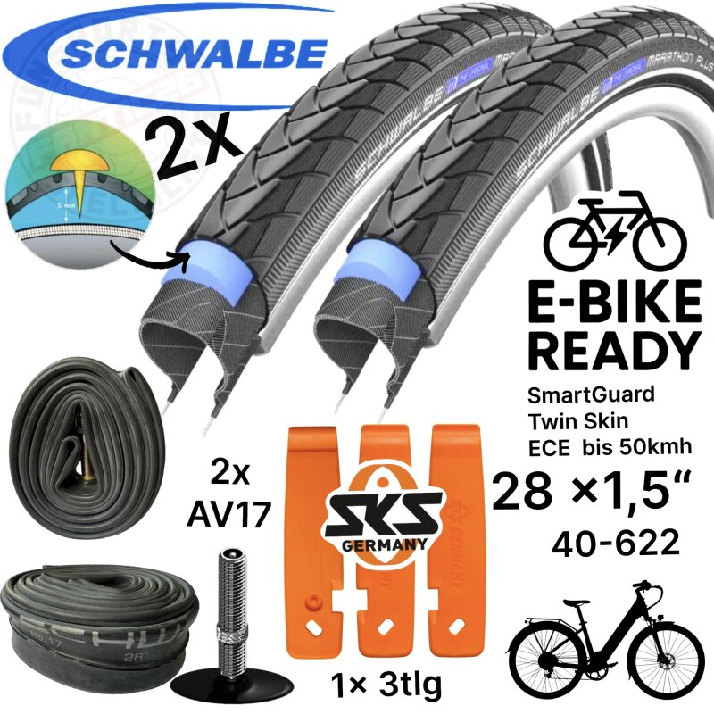 2x Schwalbe Marathon Plus 28" x 1,5" (40-622) Reifen, SKS Reifenheber, Schläuche AV 17 Set