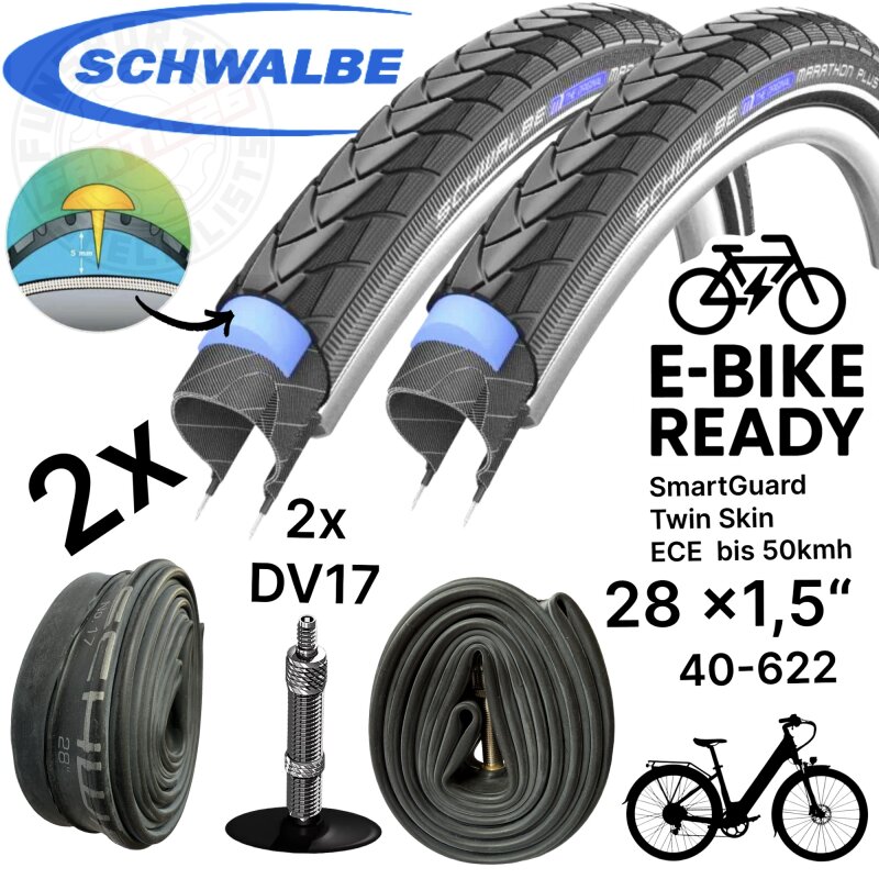 2x Schwalbe Marathon Plus 28" x 1,5" (40-622) Reifen, Schläuche DV 17 Set
