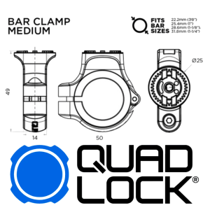 QUAD LOCK 360 Bar Clamp Medium Motorrad /  Fahrrad Lenkerhalter 22,2 bis 31,8