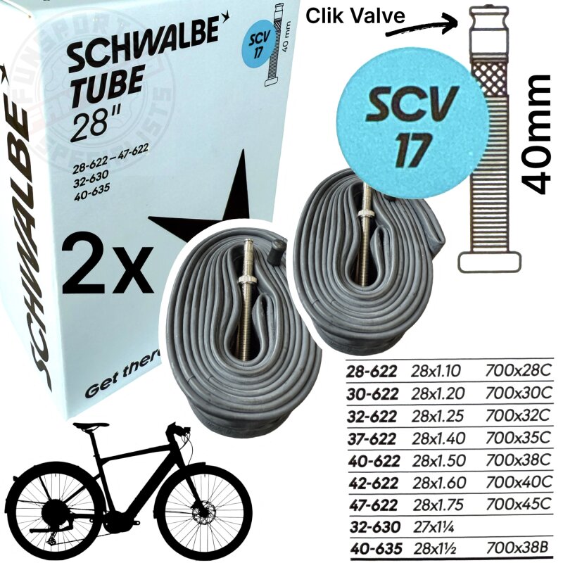 2x Schwalbe Road Fahrrad-Schlauch SCV 17 I 28" 1,1-1,75" 700x28C-45C Clik Valve Ventil 40mm