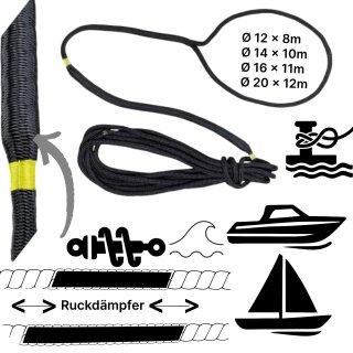 Boot Festmacherleine mit Ruck Dämpfer anlege Mooring Seil Schwarz