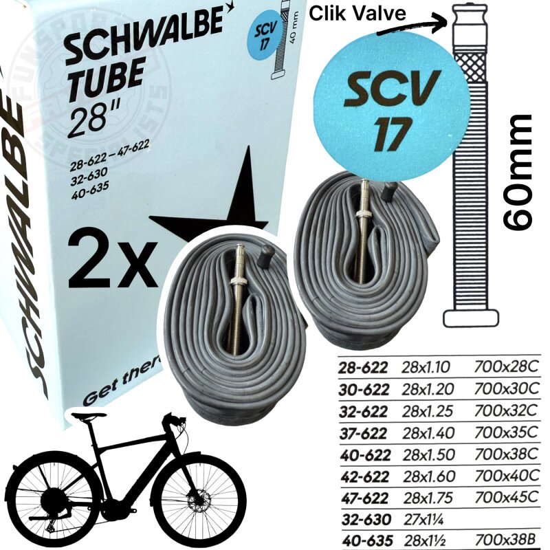 2x Schwalbe Road Fahrrad-Schlauch SCV 17 I 28" 1,1-1,75" 700x28C-45C Clik Valve Ventil 40mm