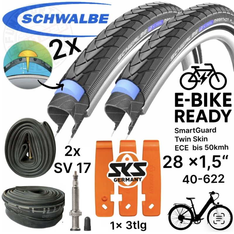 2x Schwalbe Marathon Plus 28" x 1,5" (40-622) Reifen, SKS Reifenheber, Schläuche SV 17 Set