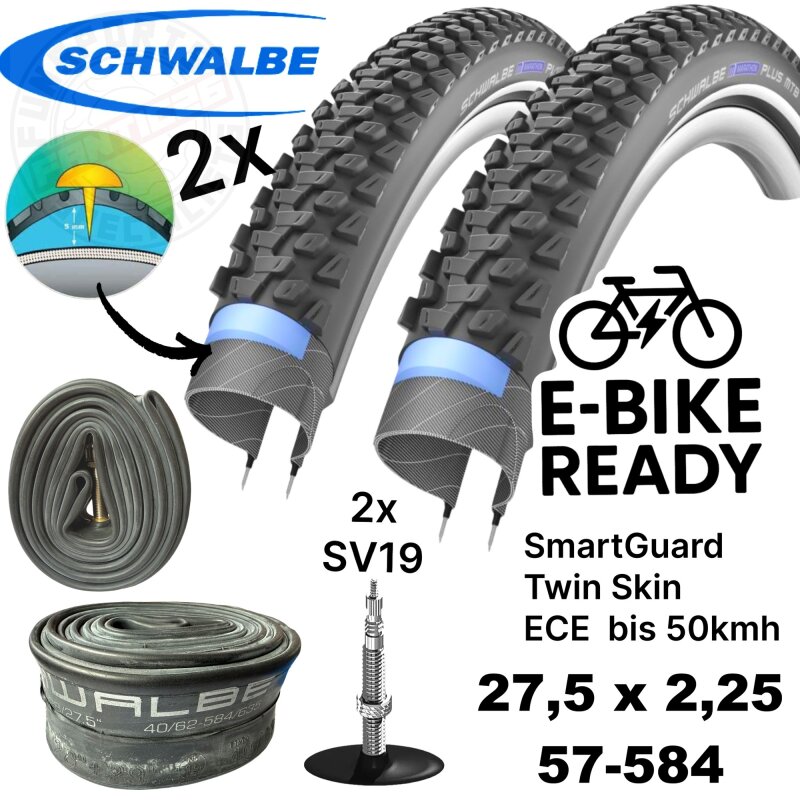 2x Schwalbe Marathon Plus MTB Ebike SG 27,5x2,25" 57-584 Reifen + Schläuche SV19 Set