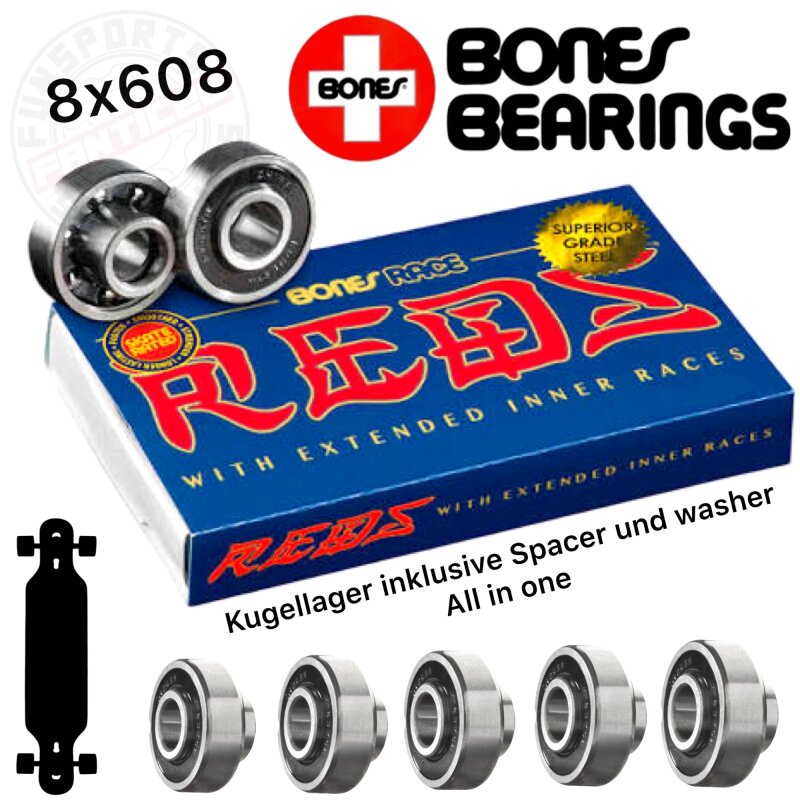 Bones REDS RACE Bearings Kugellager Longboard / Skateboard 608 (8er Pack) integrierte Spacer