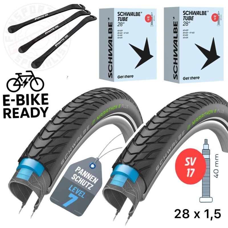 2x Schwalbe Marathon E-Plus 28" x 1,5" (40-622) Reifen, , Schläuche SV 17 + F26 Reifenheber