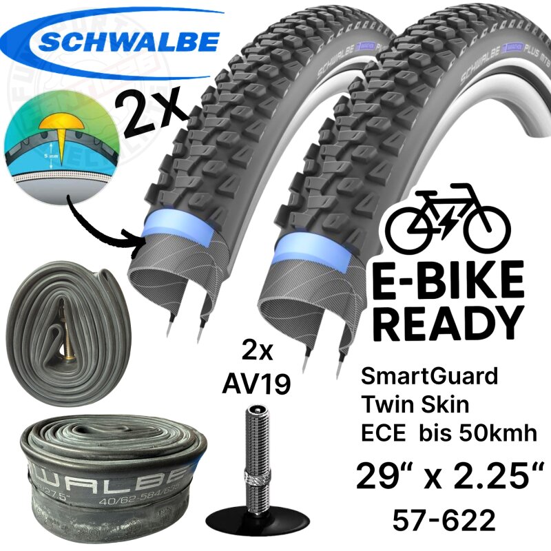 2x Schwalbe Marathon Plus MTB Ebike SG 29x2,25" 57-622 Reifen + AV19 + F26 Reifenheber