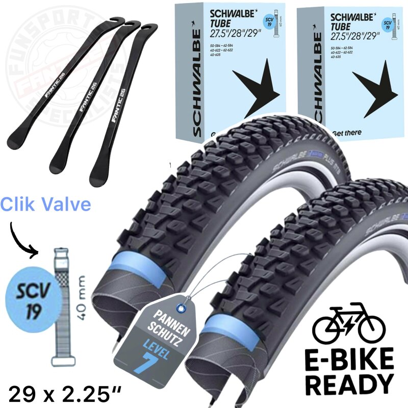 2x Schwalbe Marathon Plus MTB Ebike SG 29x2,25" 57-622 Reifen + SCV19 + F26 Reifenheber