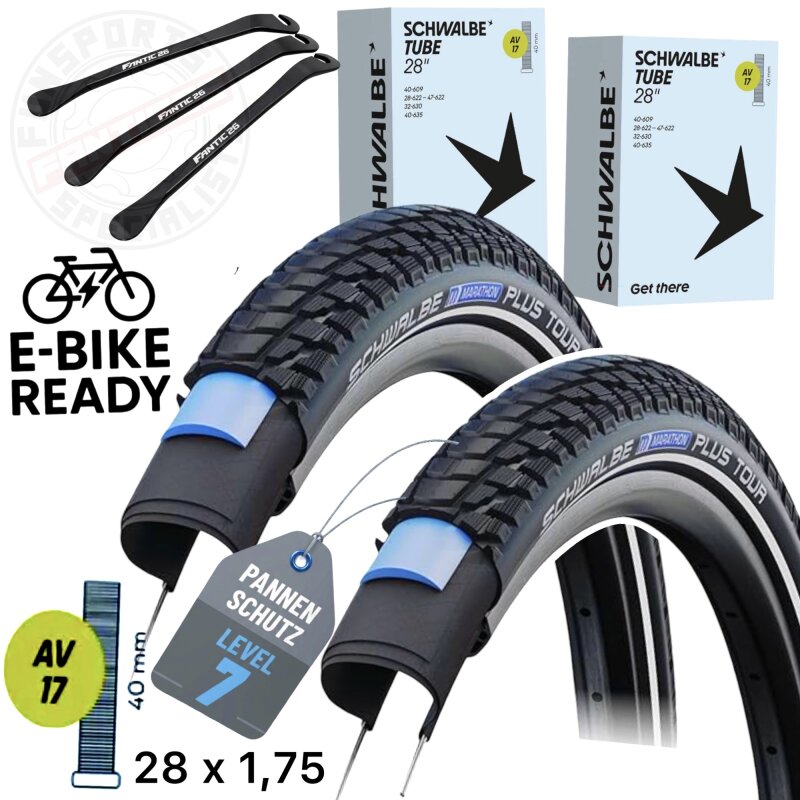 2x Schwalbe Marathon Plus TOUR 28" x 1,75" (47-622) Reifen, Schläuche AV17 + F26 Reifenheber