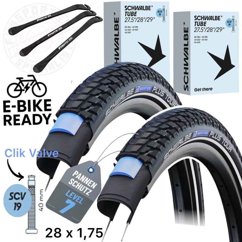 2x Schwalbe Marathon Plus TOUR 28" x 1,75" (47-622) Reifen, Schläuche SCV19 + F26 Reifenheber