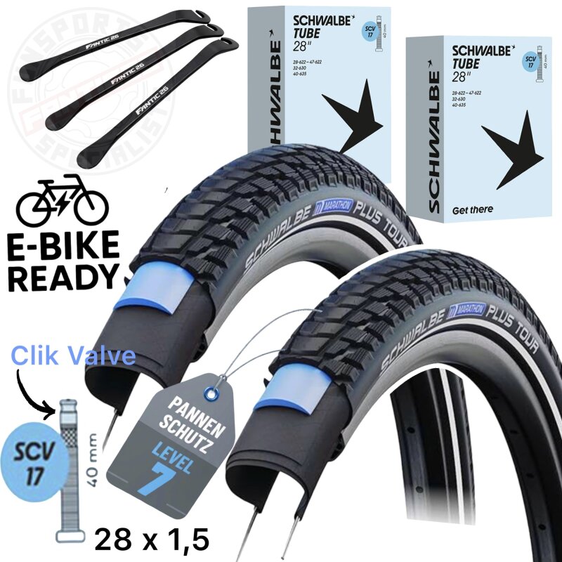 2x Schwalbe Marathon Plus TOUR 28" x 1,5" (40-622) Reifen, Schläuche SCV17 + F26 Reifenheber