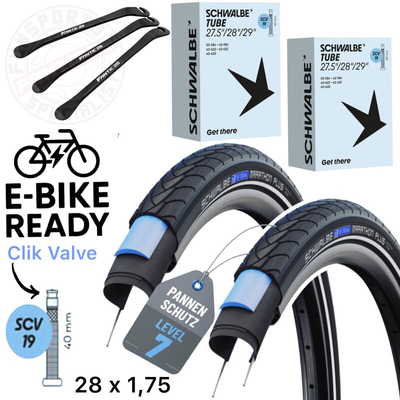 2x Schwalbe Marathon Plus 28" x 1,75" (47-622) Reifen, Schläuche SCV19 + F26 Reifenheber