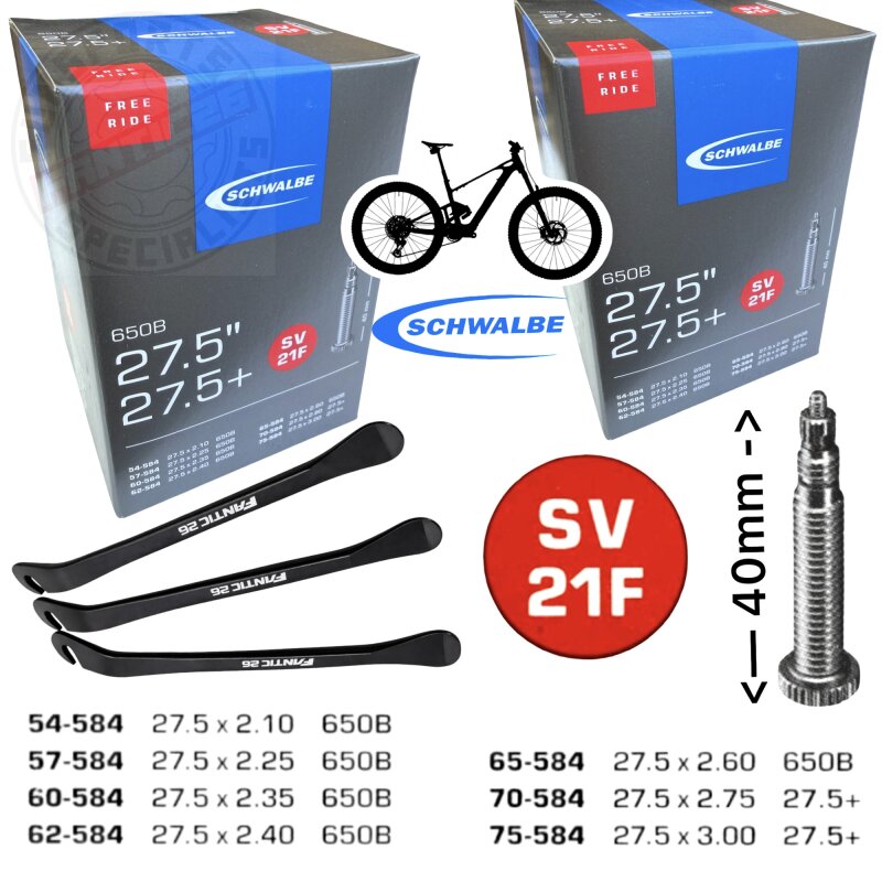 2 x Schwalbe Fahrrad-Schlauch SV21F Freeride 27.5x1.75-3.00" 54/75-584 SV40mm + Reifenheber